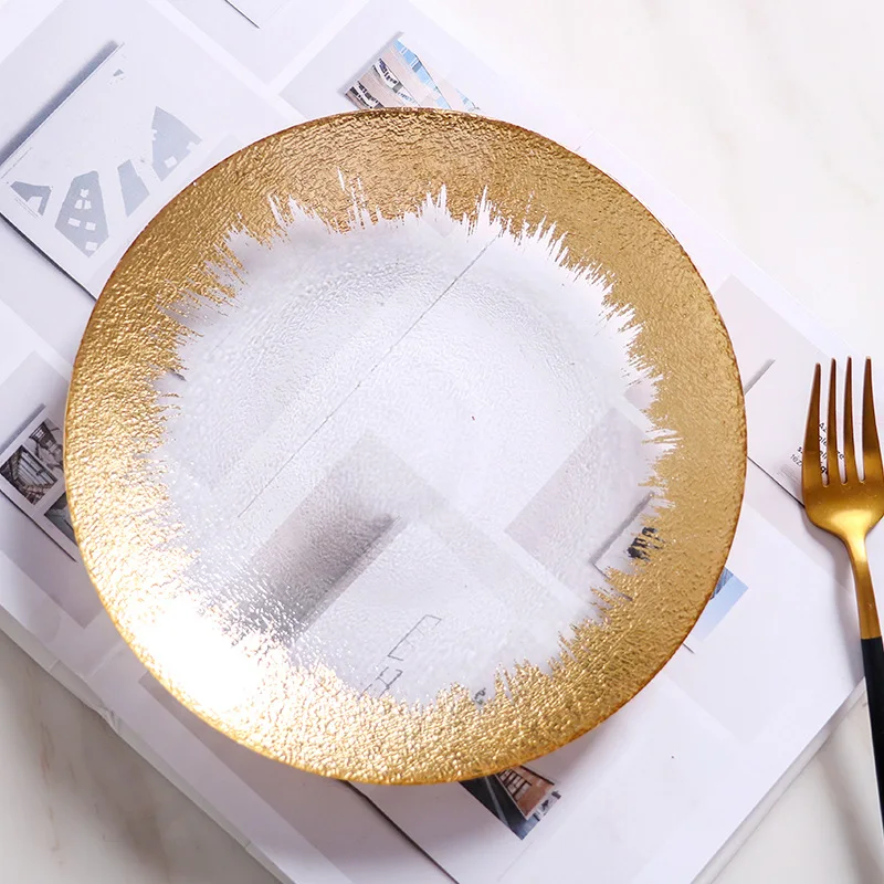 

Увядшая Золотая стеклянная тарелка, нордическая креативная Фруктовая тарелка из Пномпеня, искусственный стейк, Западная тарелка, тарелка-подставка, прямые поставки