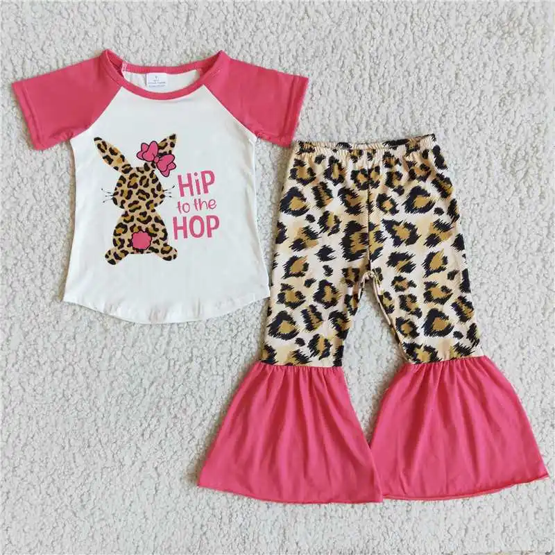

Baby Girl Clothes Bunny Print Pink Short Sleeve T-Shirt Leopard Print Bell Bottom Set Fall Outfits Children Clothing