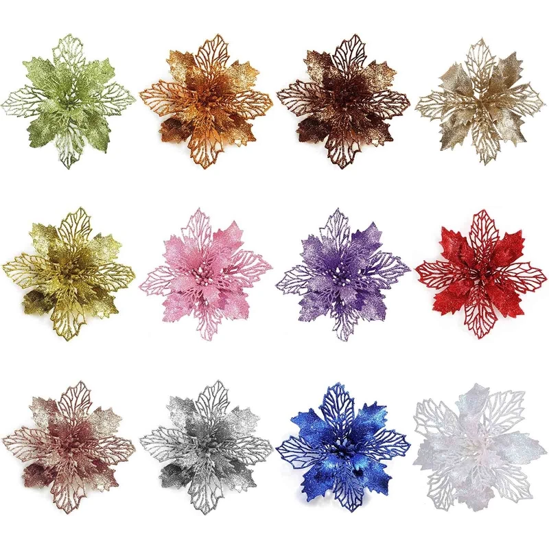 

29EF 9cm Glitter Artifical Poinsettia Flower Christmas Tree Decorations for Xmas Wreath Ornaments Wedding Party
