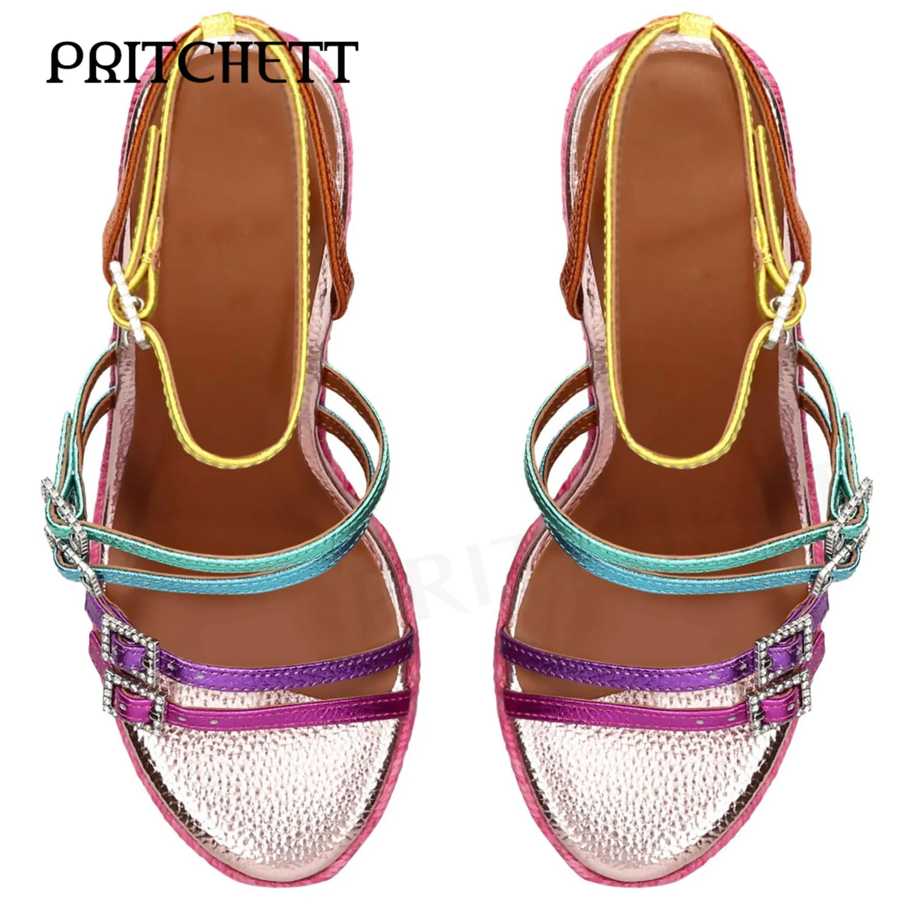 Rainbow-Print Espadrille Leather Wedges Sandals Silver Gemstone Buckle Strap Sandals Ankle Button Buckle Fashion Ladies Shoes