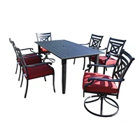 7 Pcs Patio Metal Dining Set 4 Stacking Chairs 2 Swivel Chair 1 Rectangle Umbrella Table With Cushion Black[US-Stock]