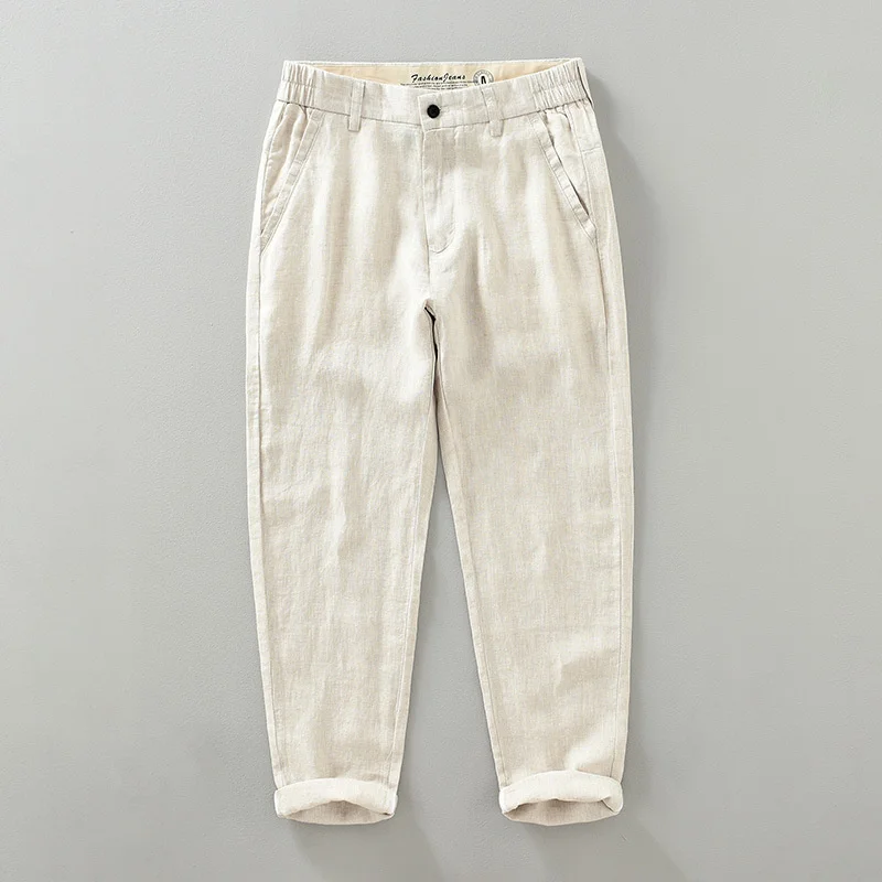 

Брюки мужские тонкие однотонные из 100% льна, повседневные свободные прямые дышащие штаны в китайском стиле Харадзюку, большие размеры, на лето