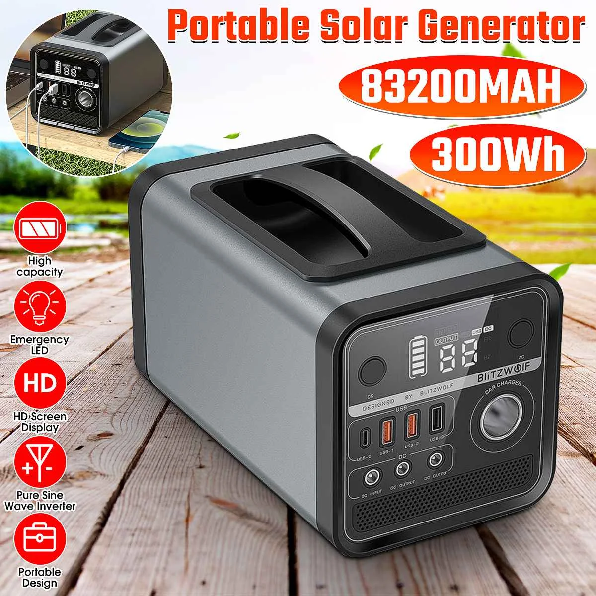 

300Wh 83200mAh Portable Solar Power Station Solar Generator Battery Charger Outdoor Energy Power Source Supply LED Power Bank EU