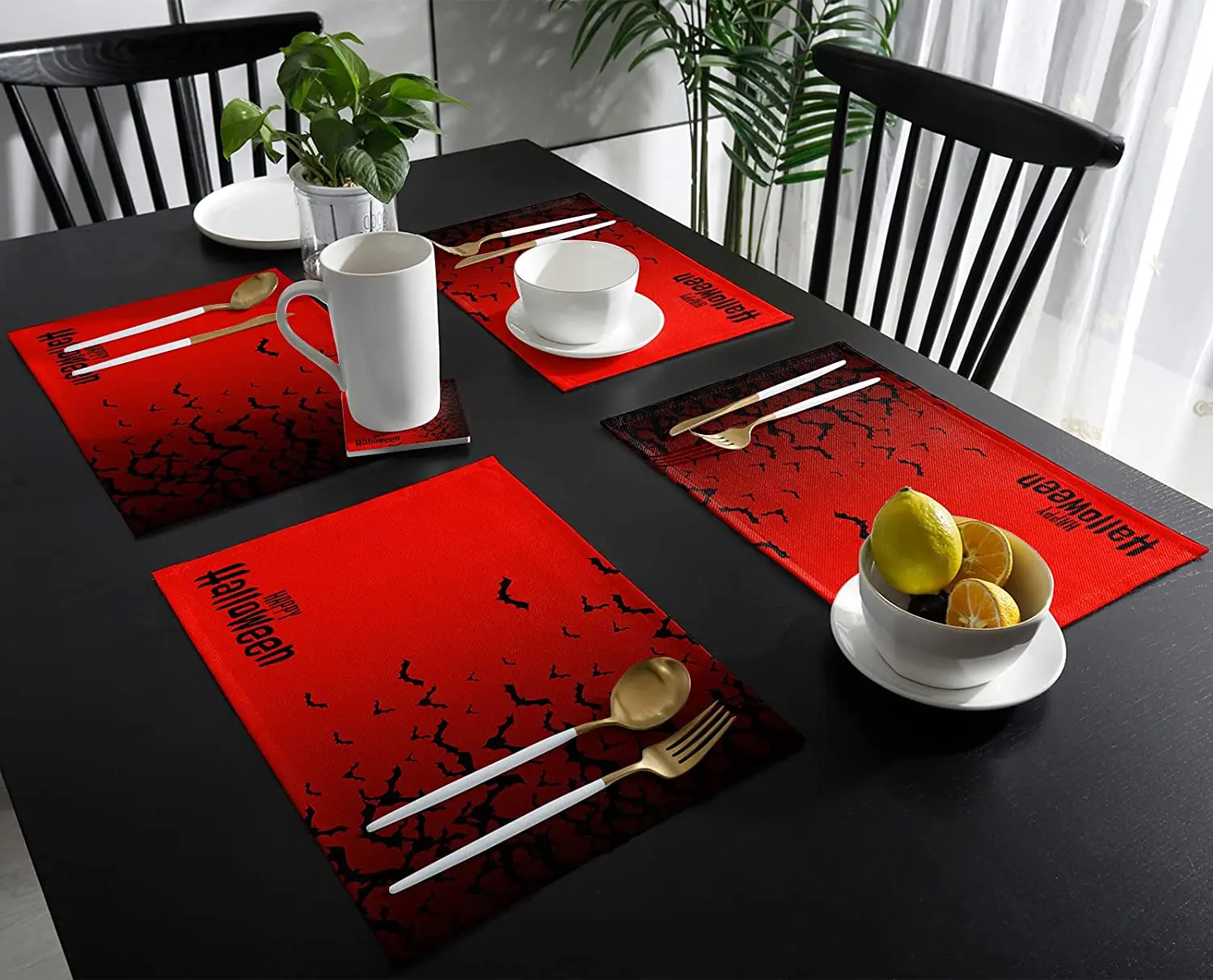 

Litter Star Home Decor Placemats Set of 4 Scary Black Bats on Red Gradient Insulation Placemat Washable Table Mats for Kitchen