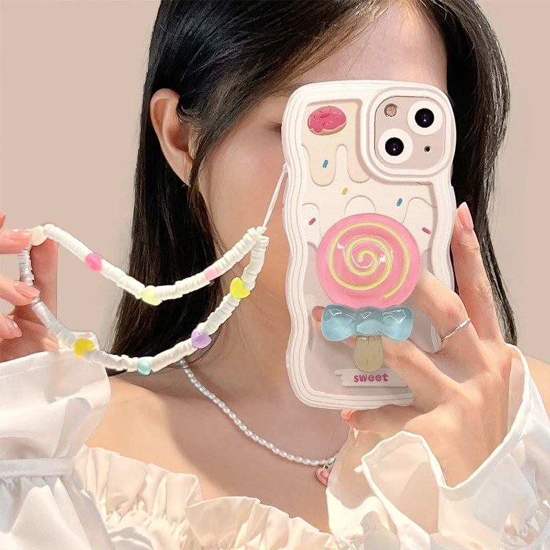

Korea Cute 3D Cream Strawberry Lollipop Stand Case For IPhone 11 12 13 Pro XS Max XR 7 8 Plus SE3 Love Heart Lanyard Soft Cover