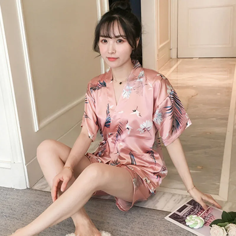 Japanese-Style women simple Kimono Pajamas Summer Silk Short Sleeve Students Home clothes Two-Piece pajama Set shorts sleepwear