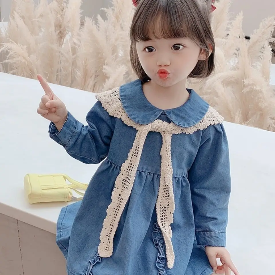 Милое и пушистое джинсовое платье для девочек новинка весны 2022 Детская свободная