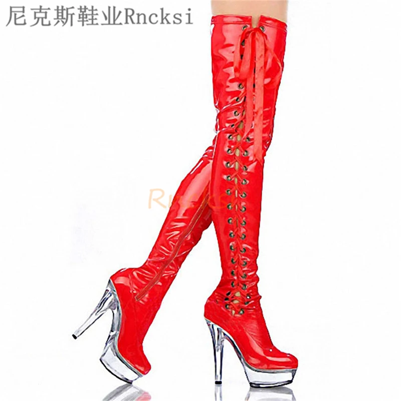 Rncksi 15 см Супер Высокий каблук лакированная кожа ремень сексуальные сапоги выше
