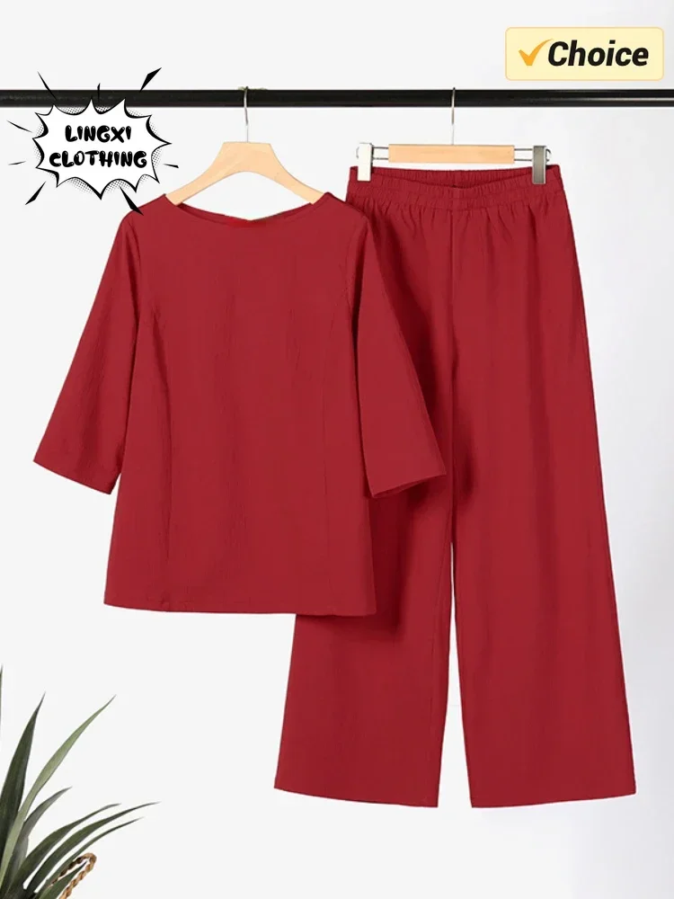 Женский элегантный комплект свободных брюк из смеси хлопка и льна в офисном