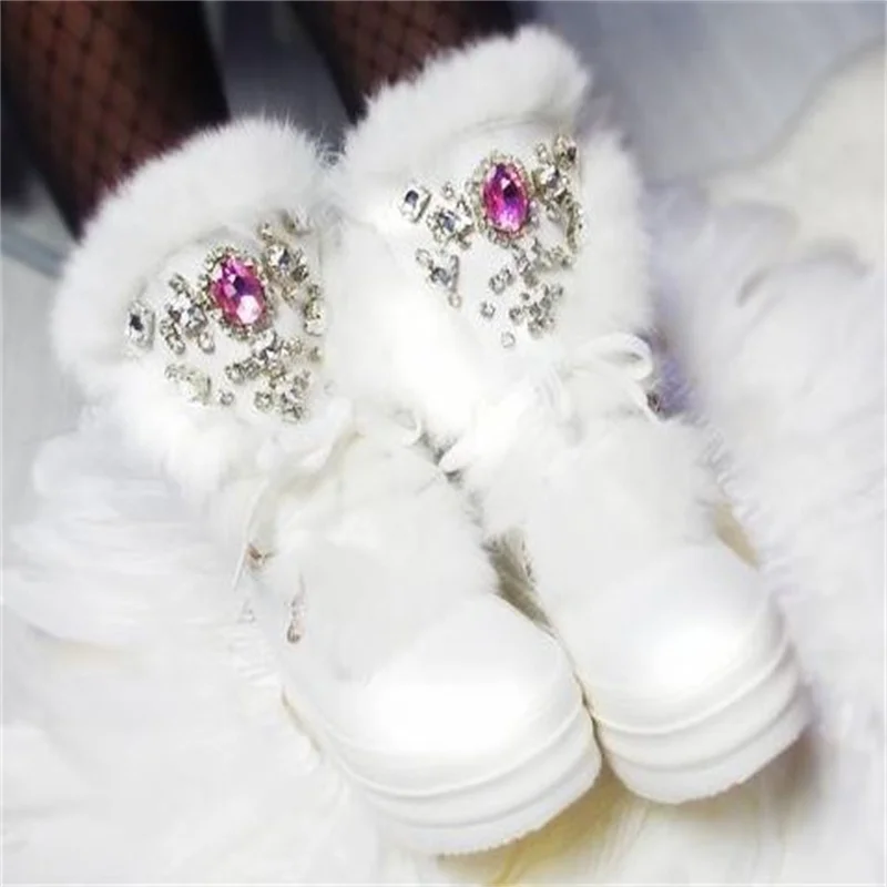 

Fur integrated rabbit fur winter boots heavy industry rhinestone comfortable snowboots thickened warm high-top women'sboots35-40