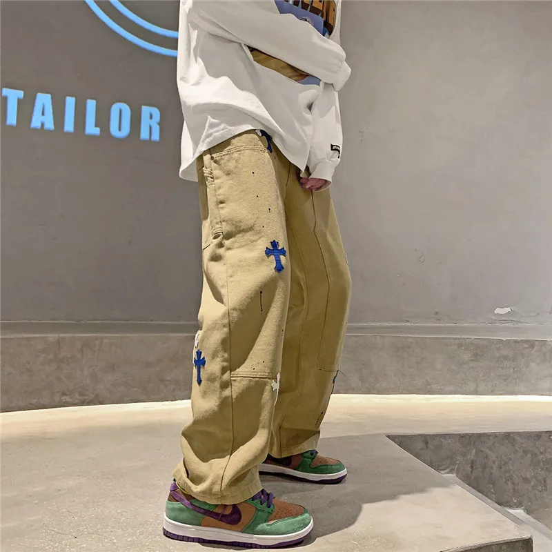 Four Seasons Jeans Straight Loose Casual Pants Blue and White Cross Patches Men's and Women's Same Style Streetwear Ins Hot Sale
