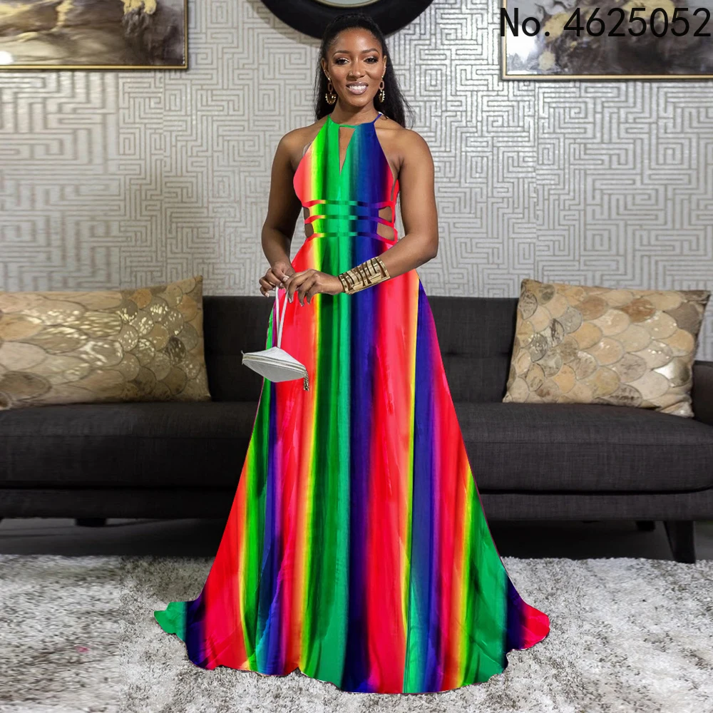 

African Dashiki Print Long Dresses Women V-neck Sexy Dashiki Gowns Ankara Outfit Party Wears 2022 Summer Sleeveless Dress