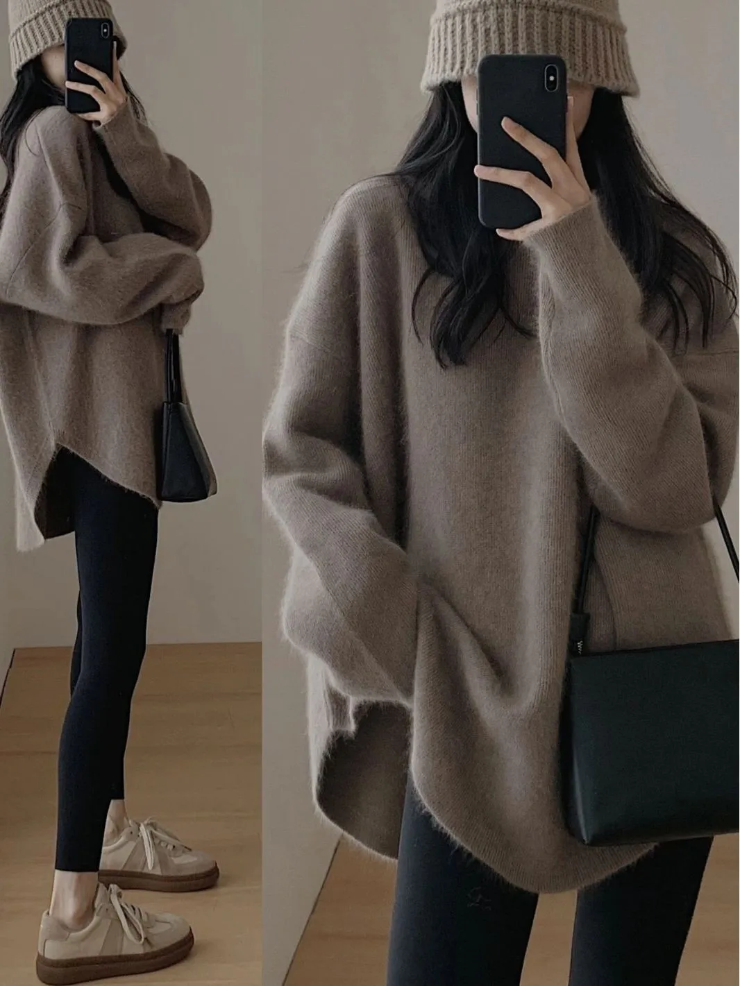 

Large size pullover sweater female fall and winter senior sense of loose lazy wind in the long section of faux cashmere bottomin