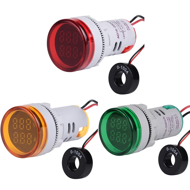 

22Mm Round LED Ammeter AC Voltmeter Dual Display Voltage AC60-500V Current 0-100A Meter Indicator