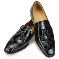 luxury genuine leather men shoes casual patent leather fringe elegant office business loafers designer fashion handmade black