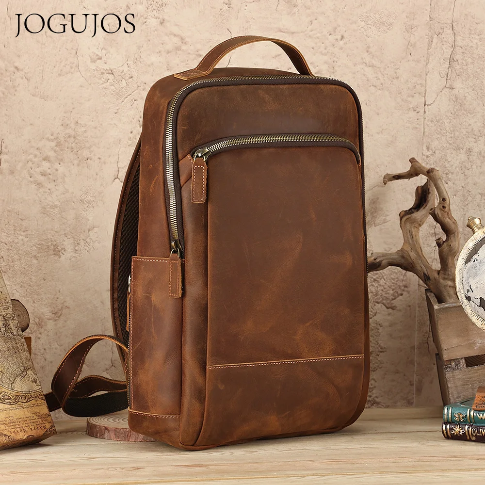 

JOGUJOS Genuine Cowhide Leather Men's Backpack for 17" Laptop Crazy Horse Leather Shoulder Schoolbag Vintage Travel Backpacks