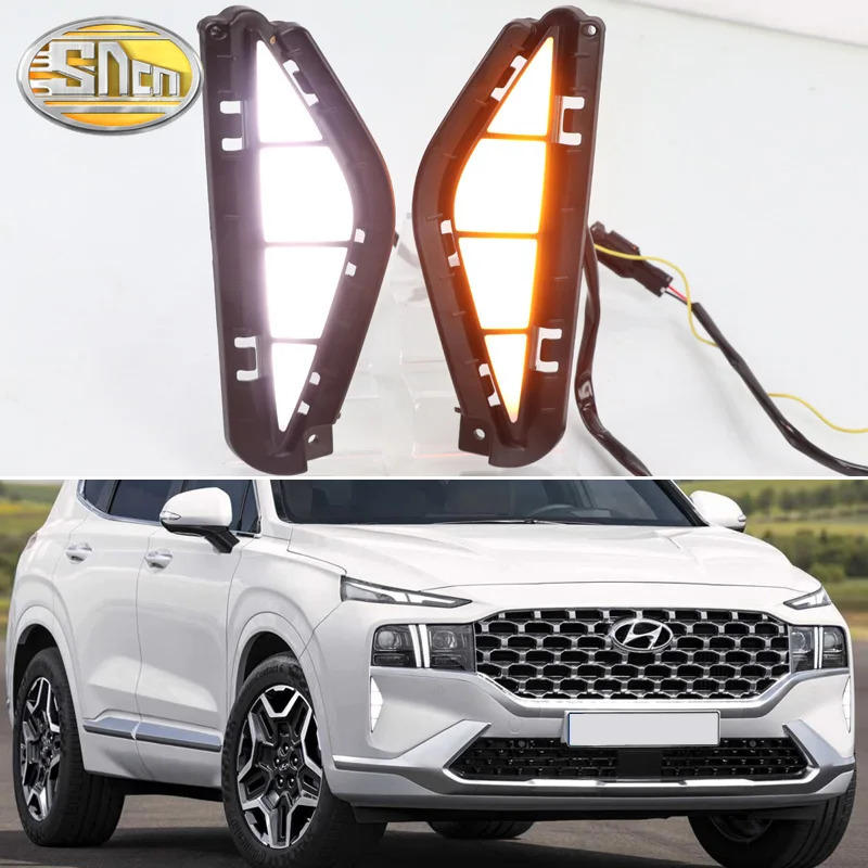 

2PCS LED Daytime Running Light For Hyundai Santa Fe 2021 2022 Dynamic Turn Yellow Signal Relay Car 12V LED DRL Day Light