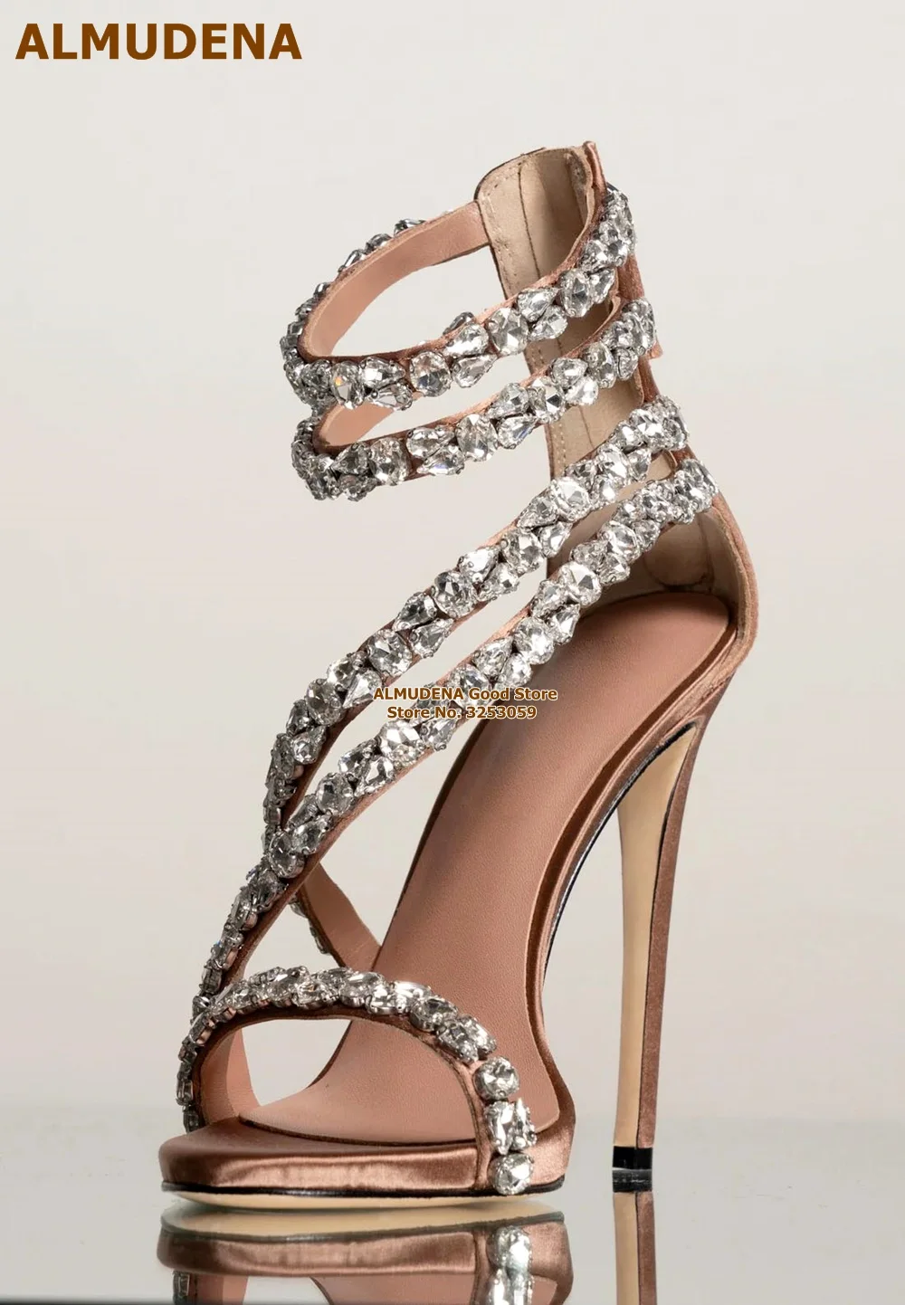 ALMUDENA Silver Crystal Straps High Heel Sandals String Beaded Satin Band Wedding Shoes Water Drop Rhinestone Thin Heel Pumps