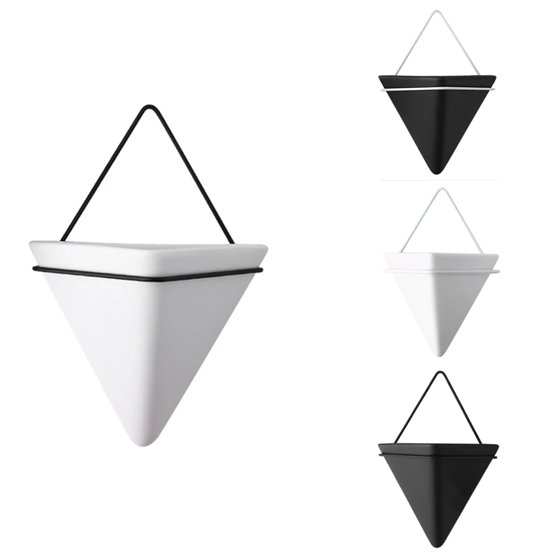 

Ceramic Hanging Planter Pot Indoor Outdoor Modern Flower Plant Hanging Basket Triple-Cornered Ceramic Wall Vases