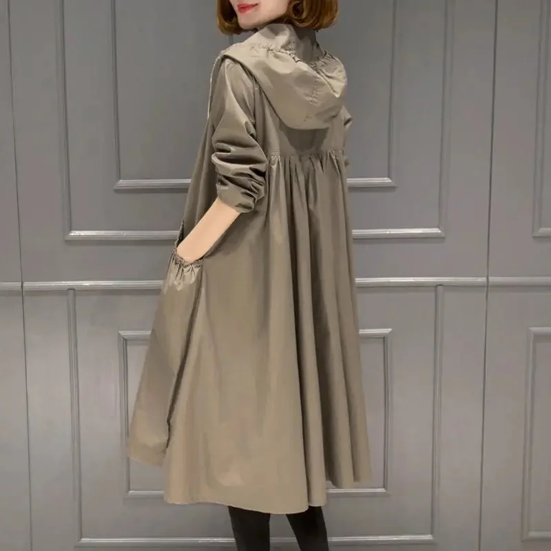 

2022 New Women's Long Trench Coat Spring Autumn Casual Hooded Windbreaker Loose Straight Overcoat Female Loose Vintage Outerwear