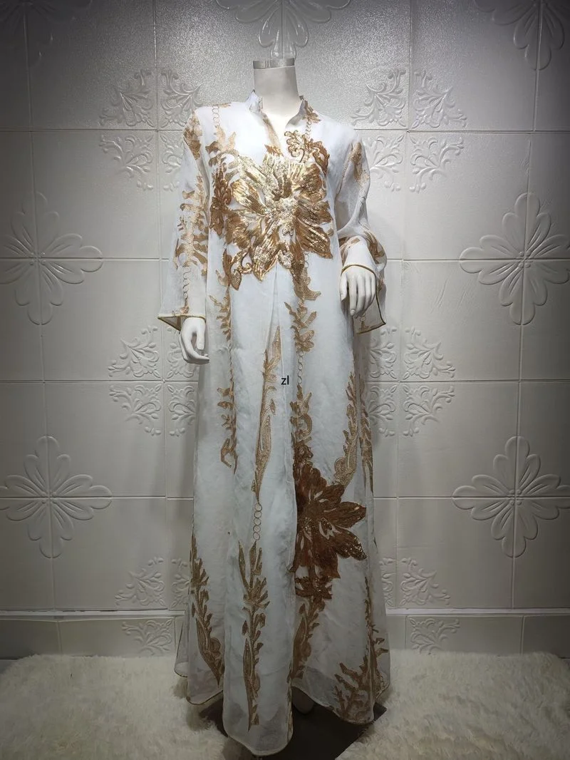 Ramadan Sequins Dubai Abaya Jalabiya Muslim Women Islamic Dress Imitation Linen Emboridery Moroccan Kaftan Evening Party Dresses