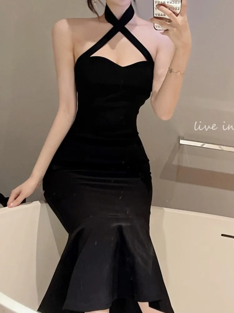 

Women Halter French Summer Bodycon Midi Dress Sleeveless Sexy Vintage Slim Elegant Party Club Vestidos Femme Fashion Robe Cloths