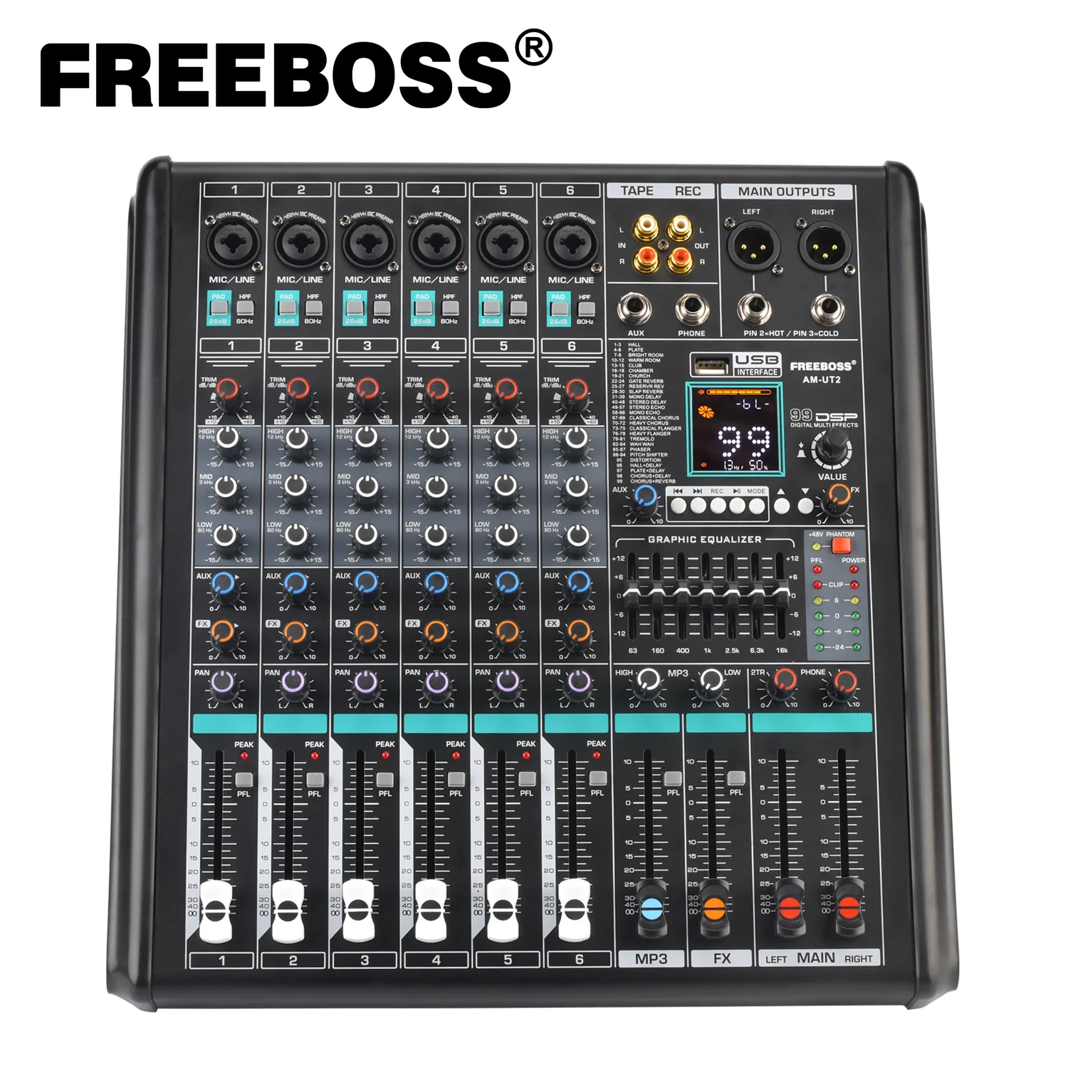 

FREEBOSS 6 Mono Channel Mixing Console Monitor Low Cut 99 DSP Effect PAD Bluetooth Audio Sound Mixer 7 Band EQ USB Record AM-UT2