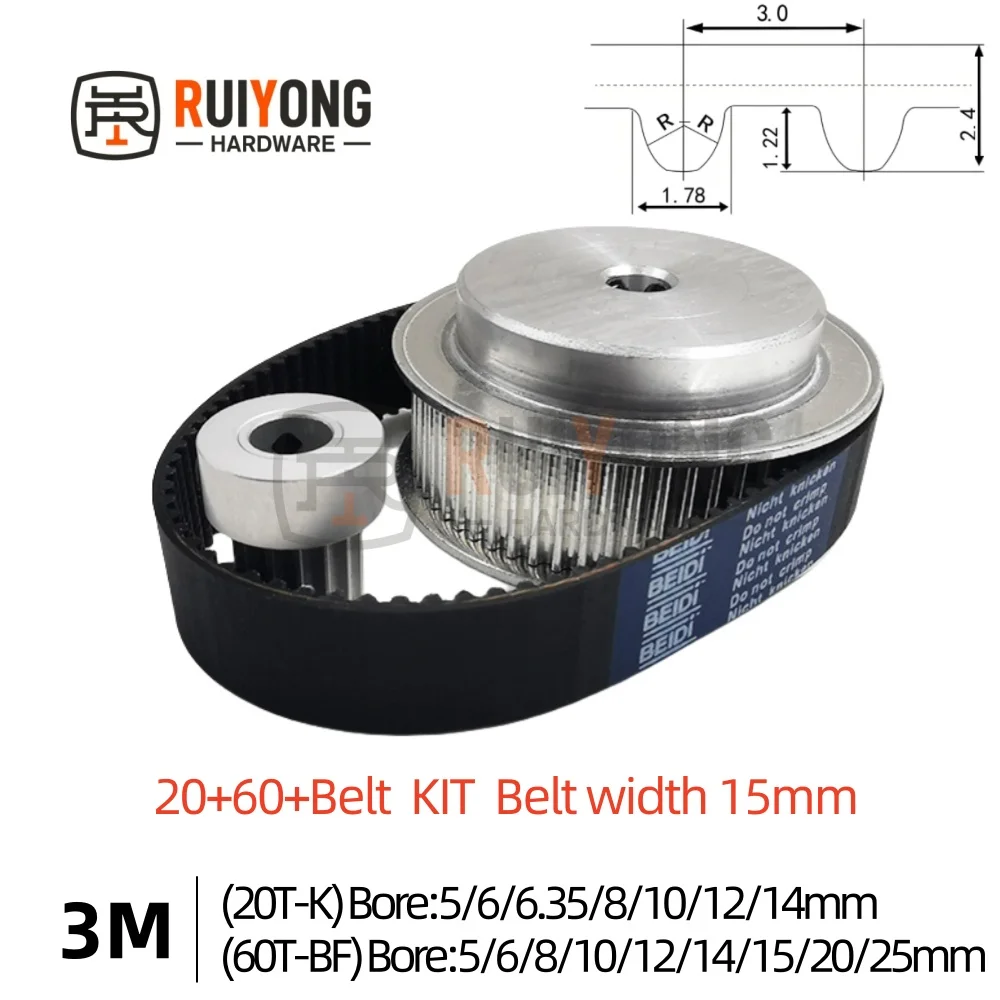 

HTD3M Комплект зубчатых шкивов 3:1, компонент трансмиссии, 20T, 60 зубьев, ширина ремня 15 мм, комплект ремня