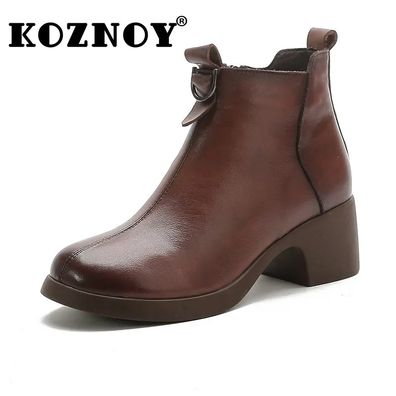 

Koznoy 4cm Natural Genuine Leather Women Spring Autumn Ankle Mid Calf Booties Chimney Boots Chunky Heels Females Moccasins Shoes