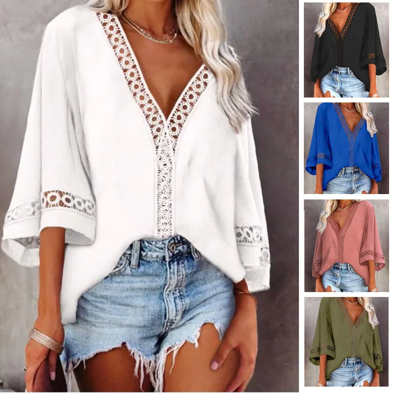 

2023 Fashion Spring V-neck Streetwear Loose Blouse Women Short Sleeve Tops Summer Shirts Hollow Out Lace Patchwork Blouses 19011