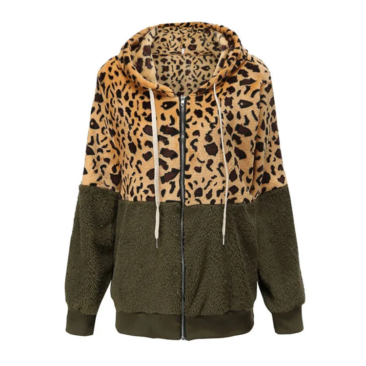 WYWMY Leopard Patchwork Women Teddy Coat Autumn Hooded Fluffy Plush Winter Faux Fur Jacket Coat Women Coat Fur Sweater Hoodie