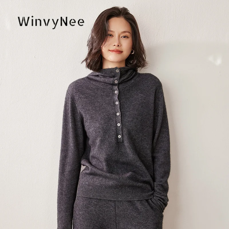 Фото Женский кашемировый свитер WinvyNee с капюшоном и частичной застежкой на пуговицы, элегантный, мягкий, теплый, повседневный, стильный, универсальный, легкая верхняя одежда F1044073 №4