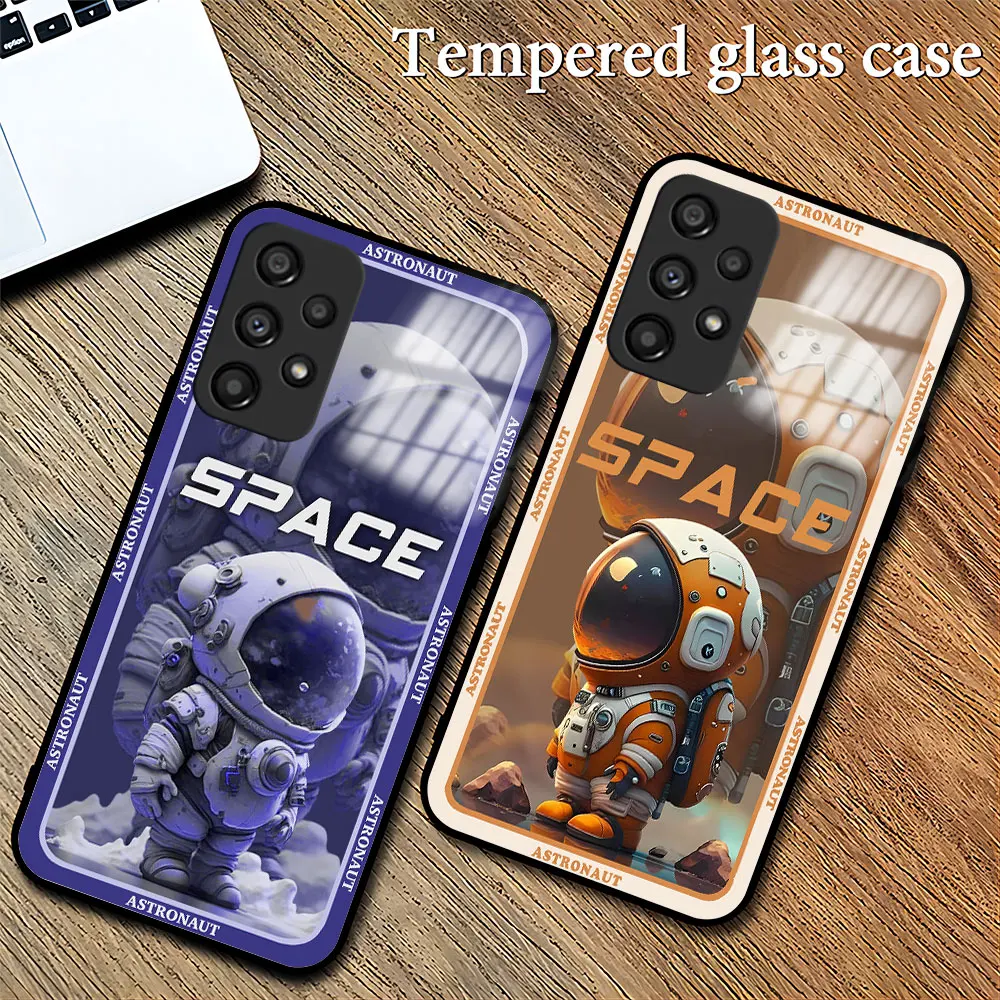 

Cute Cartoon Astronaut Phone Case Tempered Glass For Samsung A53 A12 A22 A52 A51 A72 A71 A32 A20 A02S 5G Lens Protection Cover