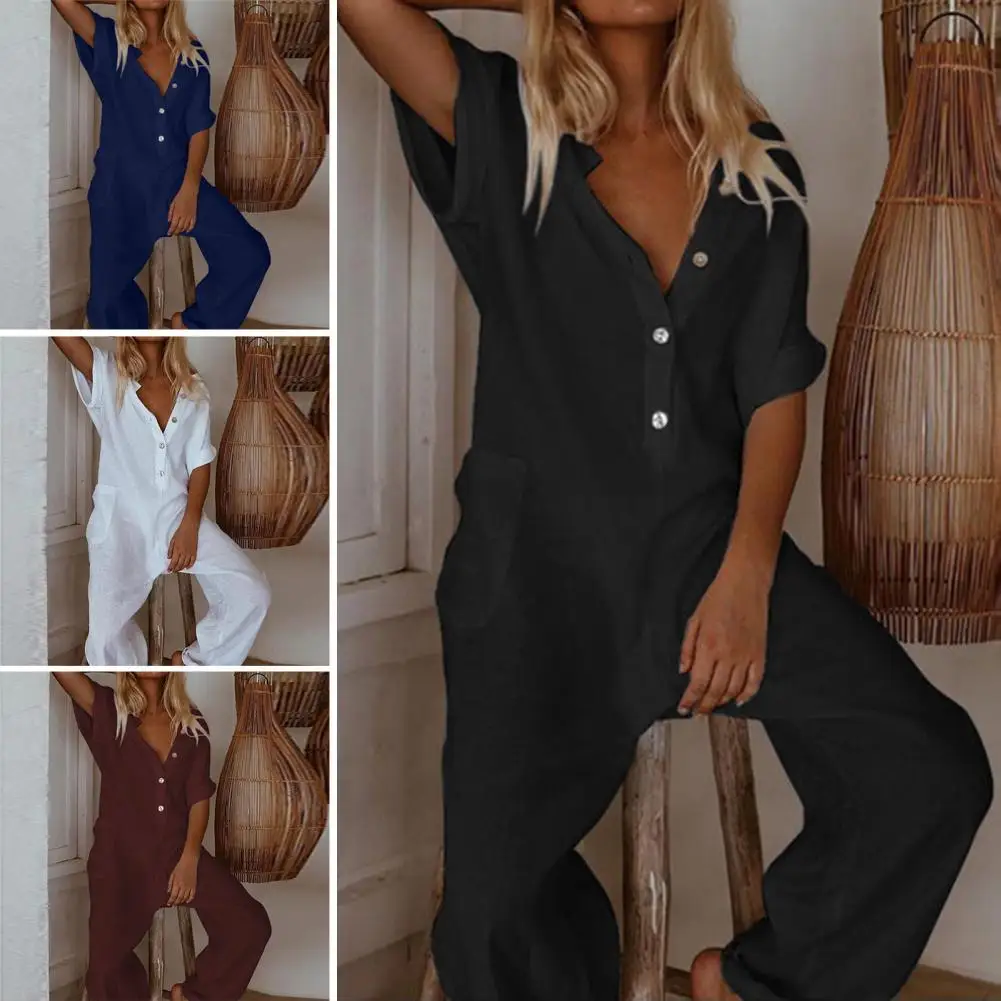 Lady Jumpsuit Solid Color Turn-down Collar Half Single-breasted All Match Women Romper Summer Women's Clothing Streetwear