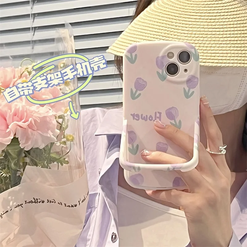 

Корейский чехол для телефона с рисунком маслом фиолетовых тюльпанов и цветов для IPhone 12 13 Pro Max 11 XR XS, складной невидимый держатель-подставка, ...