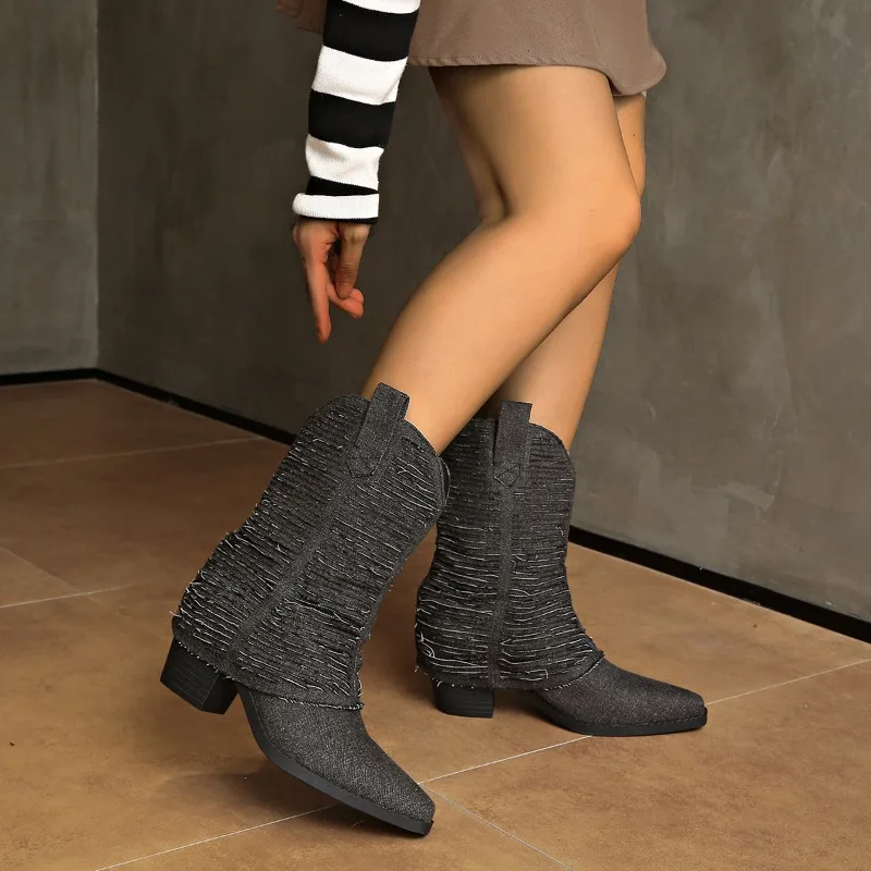 AJGS/женские ботинки на платформе в стиле вестерн осень 2024 плиссированные синие