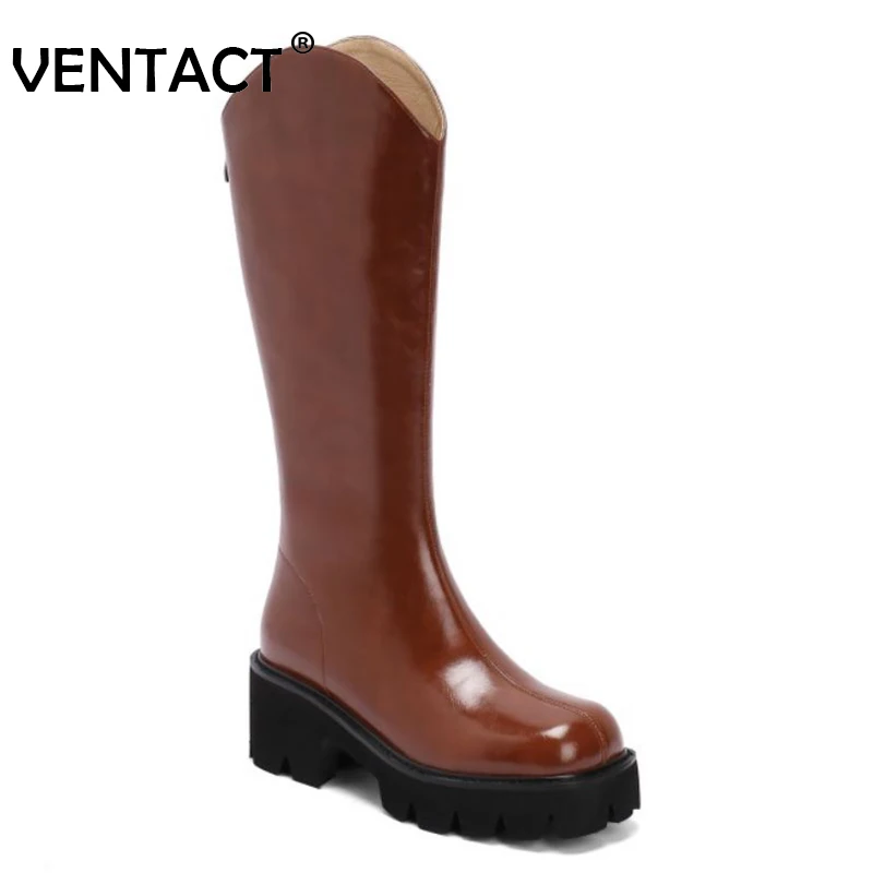 

VENTACT Real Leather Women Knee High Boots Shoes Thick Heels Platform Vintage Fashion Winter Ladies Footwear Size 34-39