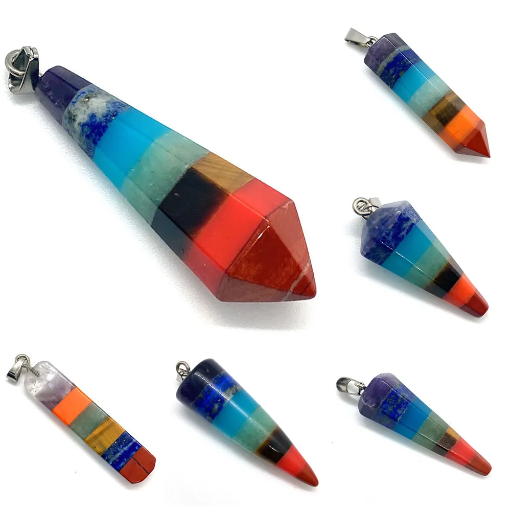 

Natural Stone Seven Chakra Necklace Polygonal Cone Pendant Healing Reiki Energy Pendant Divination Stone Jewelry Accessories