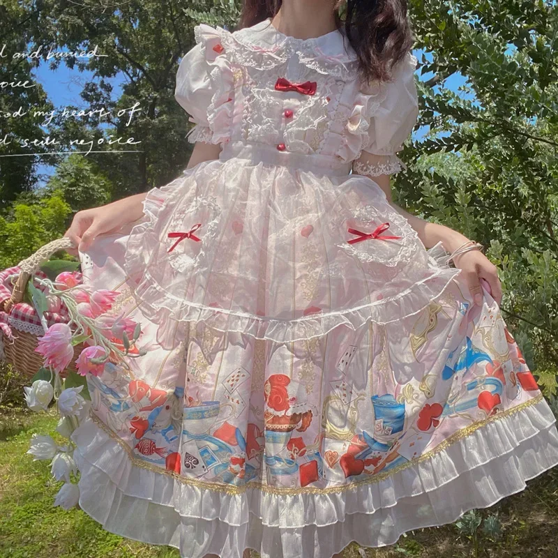 

Japanese Summer Sweet Lolita Style Soft Girl Camisole Dress Kawaii Cartoons Printing Ruffles Sleeveless Bow Lace Gauze JSK Dress