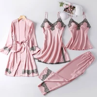 ice silk pajamas womens spring long sleeved silk sexy four piece set suspenders nightdress with chest pad set home clothes