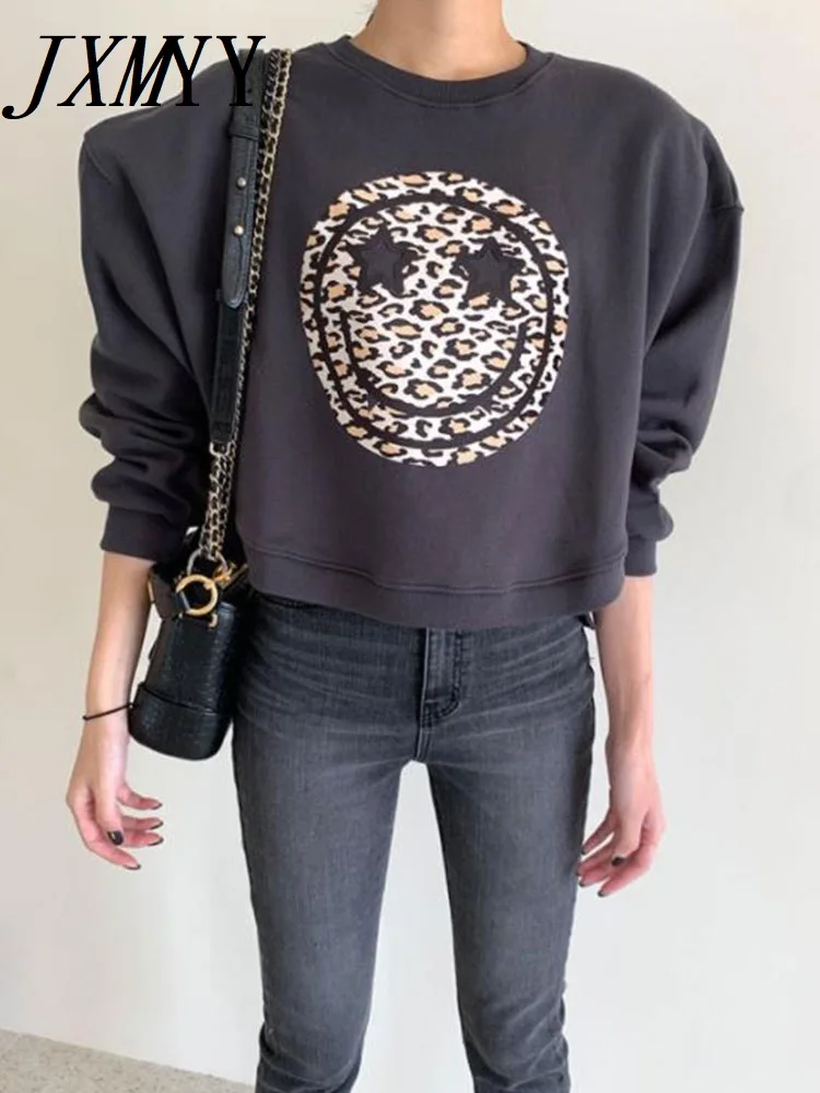 

JXMYY Round Neck Leopard Print Smiley Face Fashion Casual Loose Pullover Sweater Women's 2022 Autumn New All-Match Top