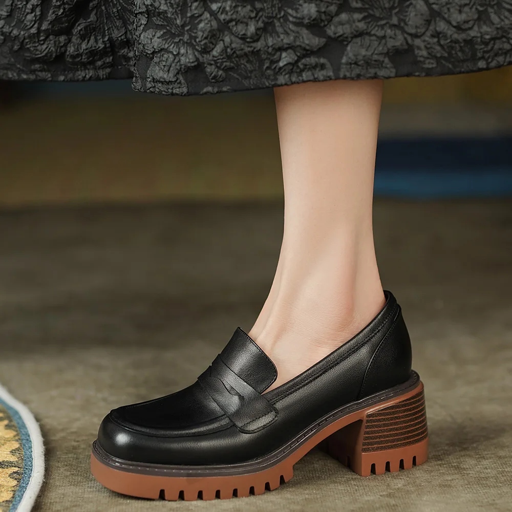 Cialisa Spring Women Shoes New Round Toe Genuine Leather High Quality Platform Loafers Casual Chunky Heels Ladies Footwear Brown