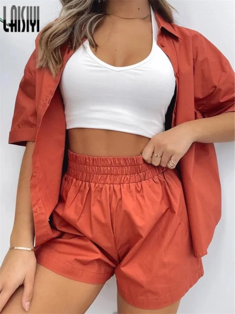 

Casual Tracksuits Out Going Women 2 Piece Set Outfit for Summer Women Solid Clothes Fashion Loose Blouse Shorts Sets for Ladies
