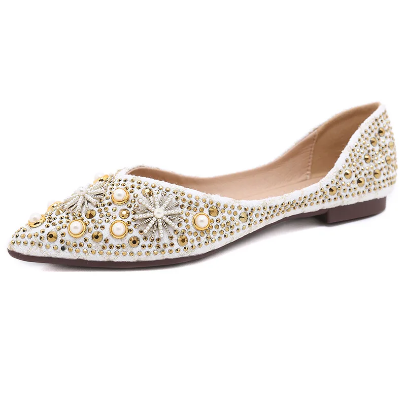 

Women Ballet Flats 2022 Rivets Crystal Dress Ladies Bow Pointed Tip Single Shoes Rhinestone Glitter Plus Size Vintage Loafers