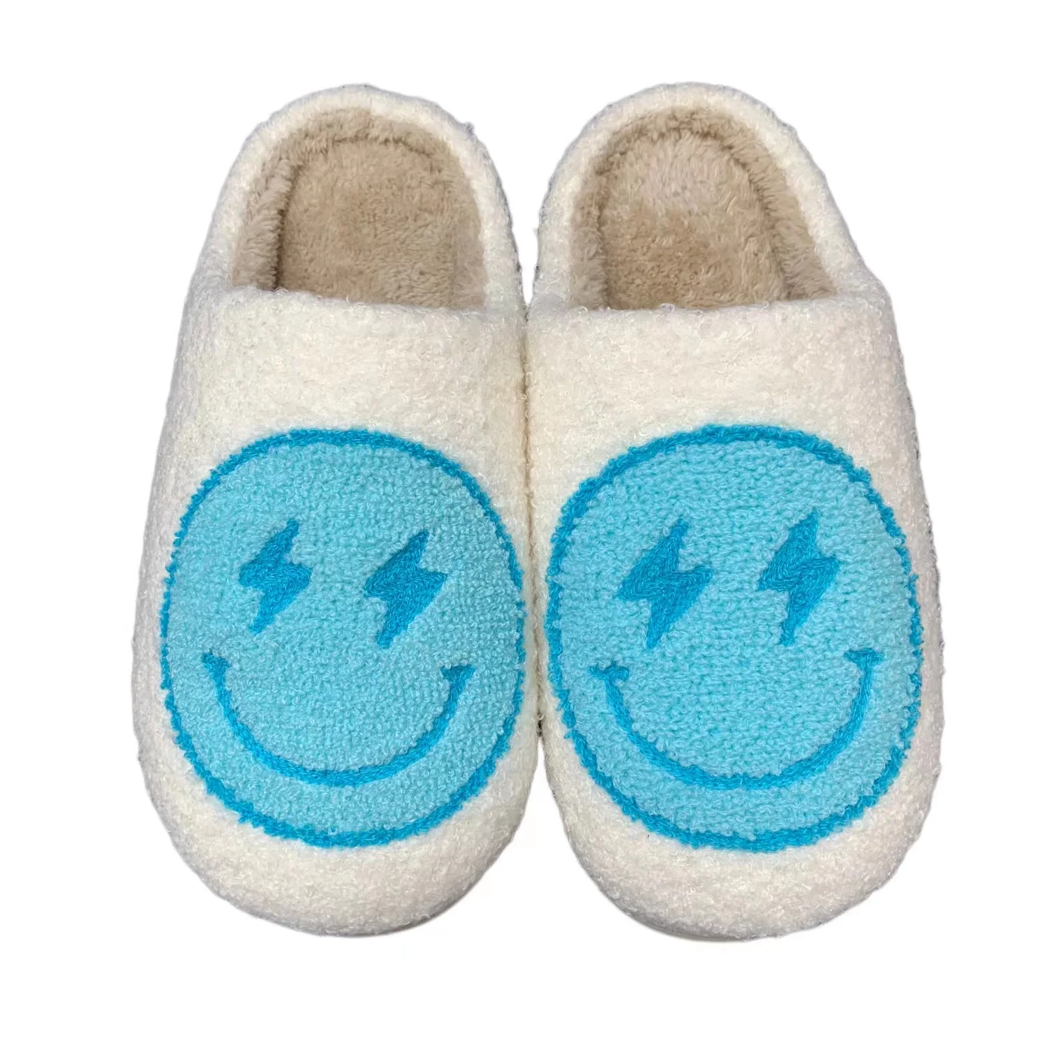 2023 Smile Face Lightning Blue/ Pink Cute Warm Indoor Family Slippers Winter Shoe For Adults And Children