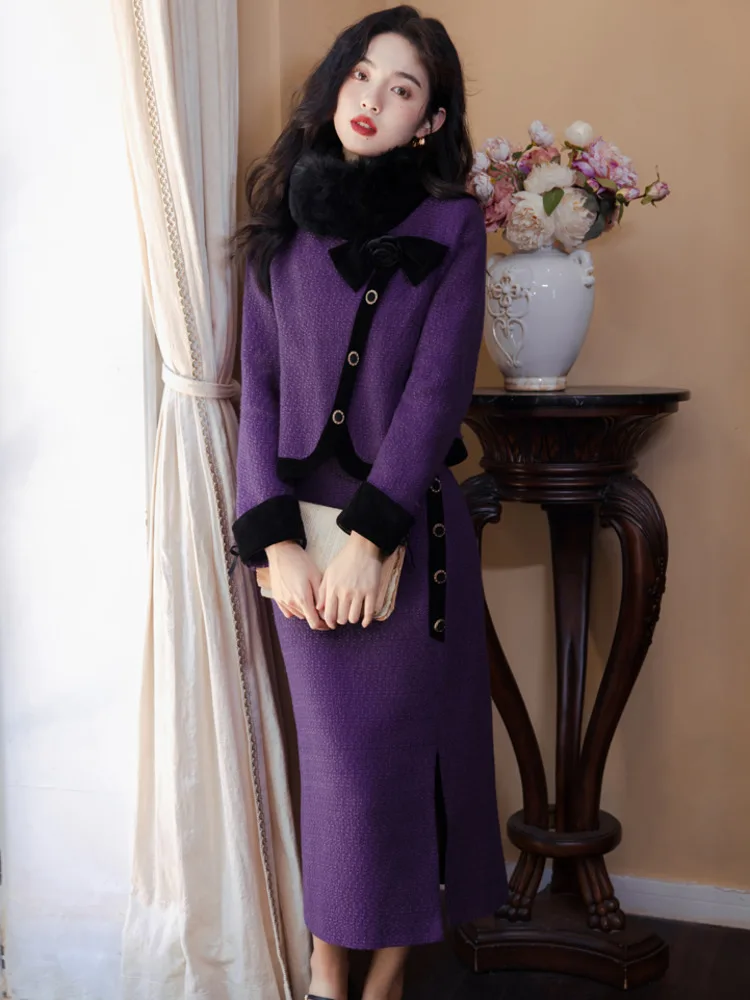 

Женский твидовый костюм из двух предметов, винтажный короткий пиджак и длинная юбка, шерстяные костюмы из двух предметов, Осень-зима