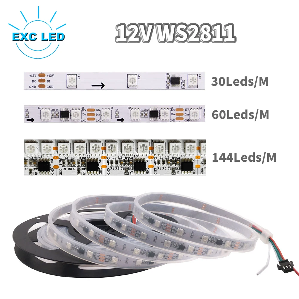WS2811 Светодиодная лента RGB 5050 SMD Адресная 30 60 144 светодиода Внешняя 1 IC Control 3 Лента