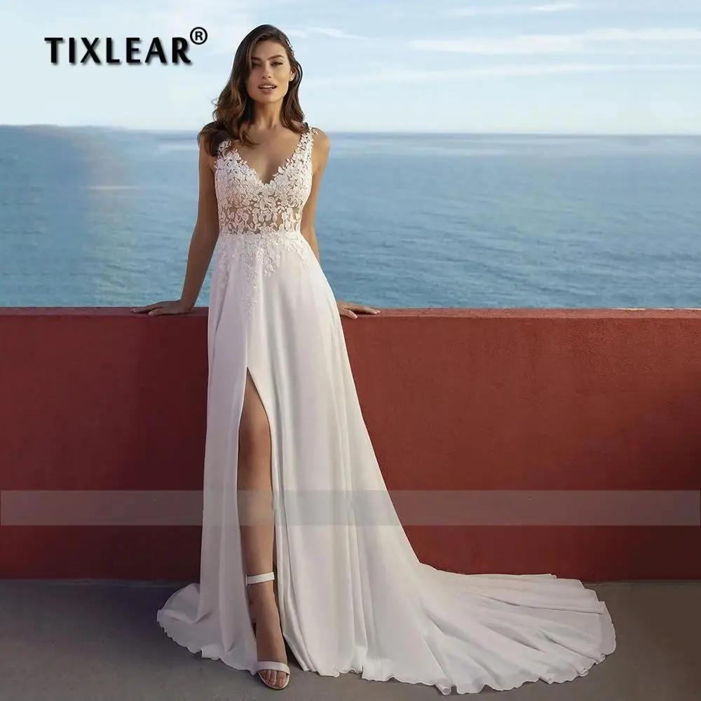 

TIXLEAR High Slit Beach Wedding Dress Boho White V-Neck Lace Appliques Chiffon Bride Button Back Gowns