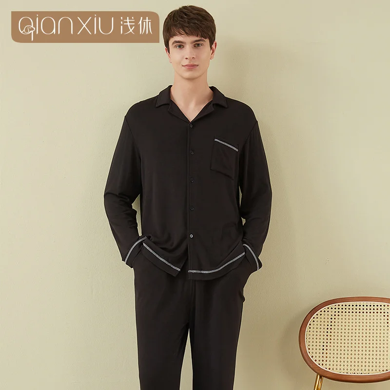 

Pajamas men spring and autumn men's cardigan home clothes set knitted bamboo cotton pajamas cardigan men
