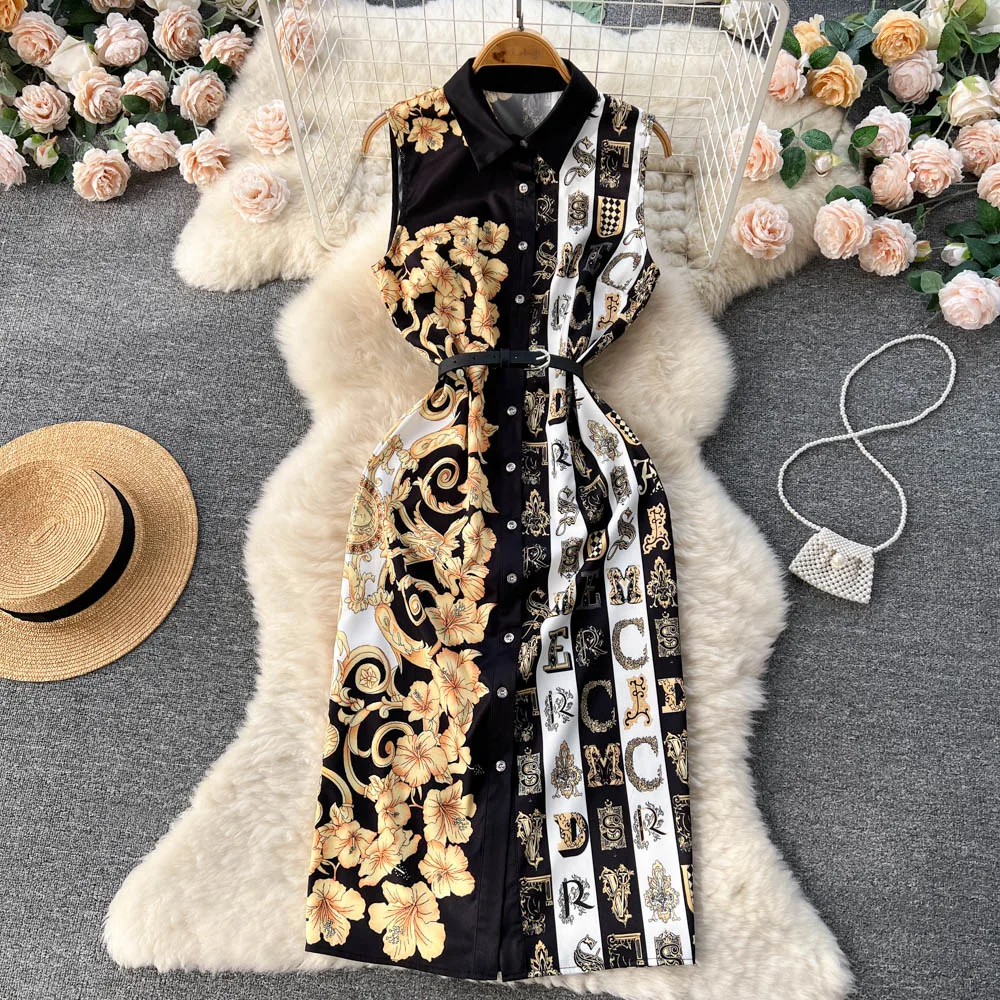 

Banulin 2023 New Summer Designer Runway Colorblock Sleeveless Dress Women Turn Down Neck Retro Baroque Print Midi Vestiods